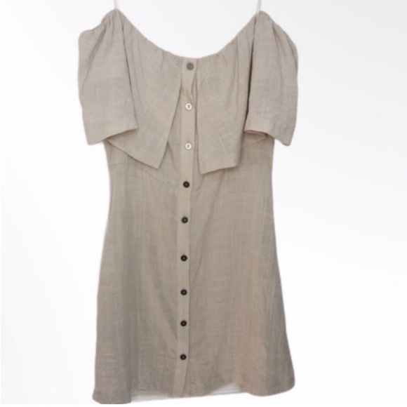 Lush Clothing Linen Off the Shoulder Ruffle Button Front Mini Dress Beige Medium - Picture 2 of 12